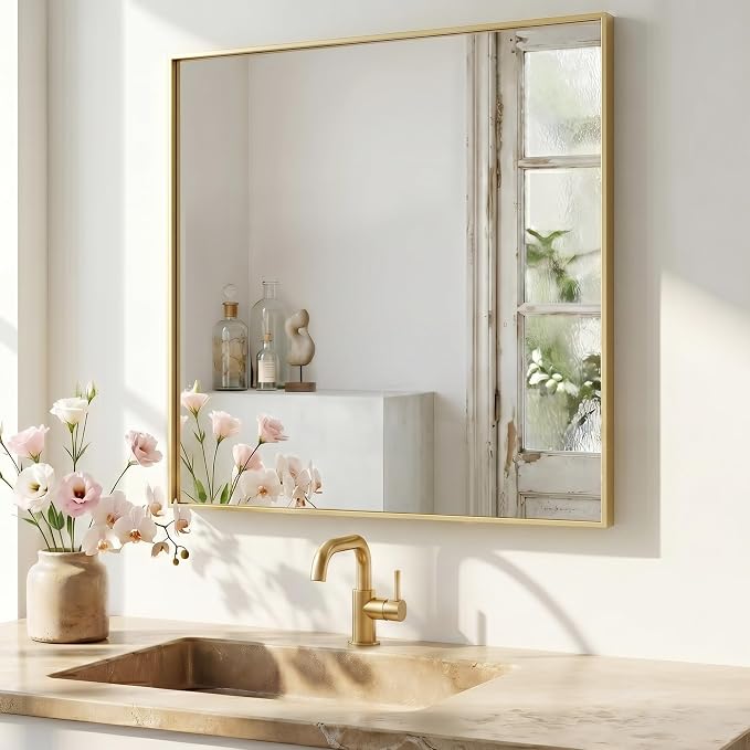 36"x36" Square Gold Bathroom Mirror, Shatterproof Tempered Glass, Brass Tone Large Geometric Mirror, Ultra-Flush Wall-Mounted