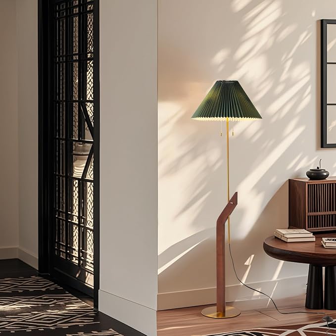 Floor Lamps for Living Room,Mid Century Modern Wood Floor Lamp | Height Adjustable, Tall Standing Dual Lamp Heads, Gold Finish, Living Room Bedroom Office Study Room