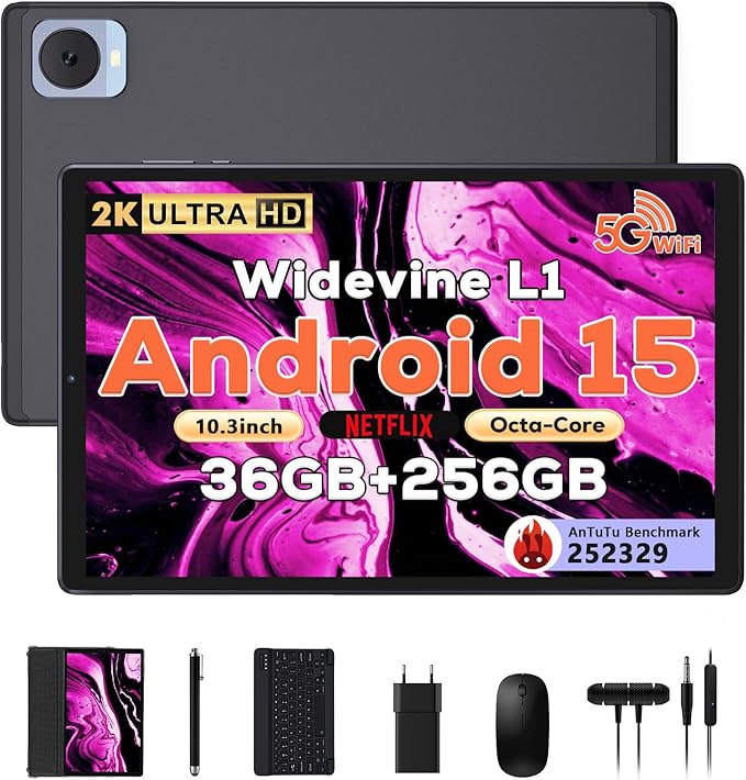 DEZLTID 2025 Tablet 10.4 inch Android 15 Tablets with Keyboard Stylus Mouse: 2K IPS Tablette (2000x1200), 36GB+256GB(1TB TF), 5G/2.4G Dual WiFi, 8-Core 1.6GHz, 8000mAh,8+13MP, Widevine L1- Black