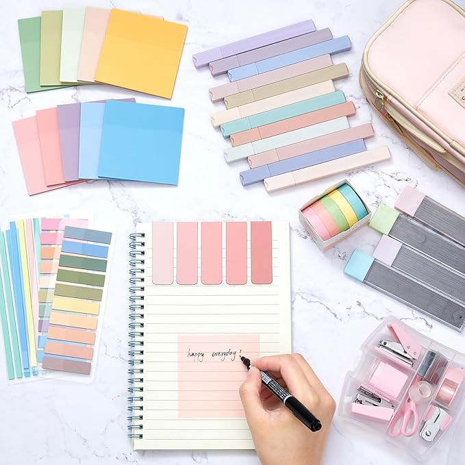 Sinload 60 Pcs Aesthetic Book Annotation Kit School Supplies Cute Pencil Case 12 Highlighter 5 Gel Pen 6 Mechanical Pencil 5 Magnetic Bookmark 1220 Pcs Sticky Note Tab Student Stationary(Pink)