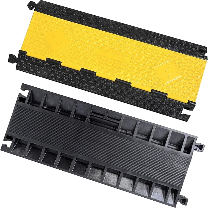 OranLite Rubber Cable Protector Ramp, Heavy Floor Cable Wire Cord Cover Speed Bumps 22000Lbs Load Capacity, Driveway Hose Cable Ramp Protective Cover for Indoor and Outdoor (3-Channel x 2Pcs)