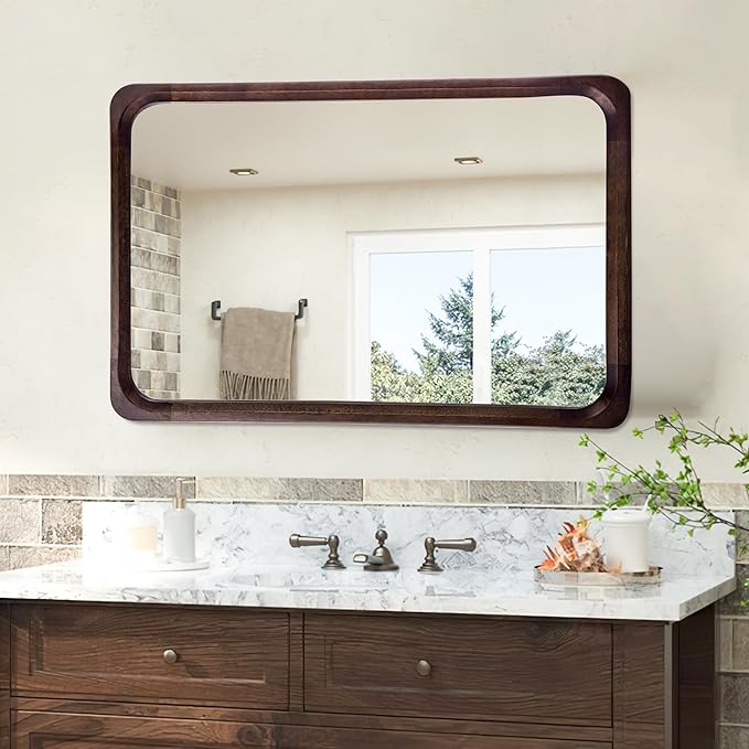 Tanmicoshomy Wood Bathroom Mirror 20 x 30 Inch, Solid Wood Framed Rectangle Mirrors with Tempered Glass for Living Room Bedroom or Entryway(Dark Brown)