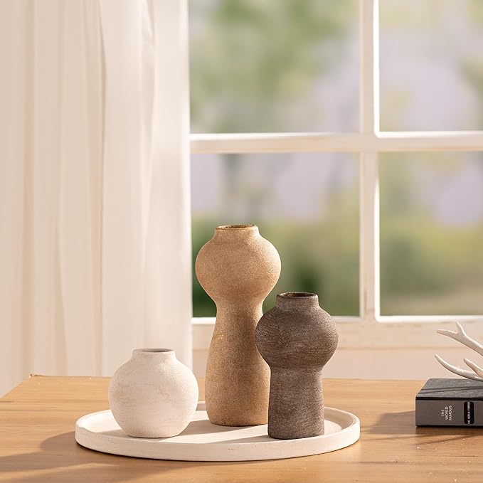Ceramic Vase Home Table Decor - Flower Vase Set of 3 Living Room Kitchen Decorations Farmhouse Modern Rustic Vases Decorative Centerpiece for Shelf Bedroom Office Bathroom Dining Coffee Desk