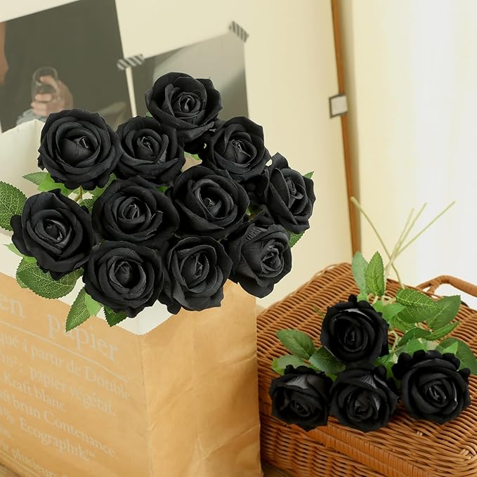 12Pcs Black Roses Artificial Flowers Fake Roses Faux Velvet Silk Flower for Home Wedding Decoration (Pearl Rose, Black)