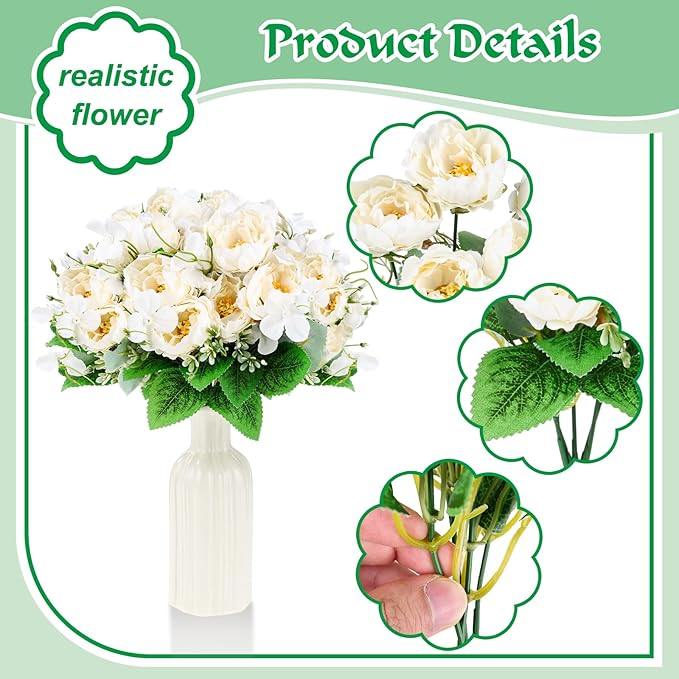 Olgaa 12 Bundles Peonies Artificial Flowers Fake Peony Bouquet Faux Peonies Flowers Bulk with Stems Flower Balls for Centerpiece Table Decorations Wedding Bridal Floral Arrangement (White)