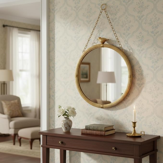 Vercraft Vintage Gold Decorative Wall Mirror with Bird Accent, 20" Large Round Hanging Mirror with Chain, Antique Style Metal Frame Accent Mirrors for Entryway Bedroom Bathroom
