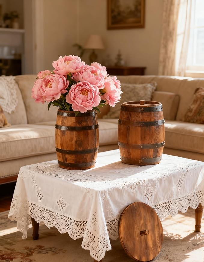 Wood Wine Barrel Vase 6" x 5" – Mini Barrel Rustic Wooden Flower Vase Planter for Wedding Reception, Party Table Decoration,Home Indoor Outdoor Garden, Kitchen,Planting (1)