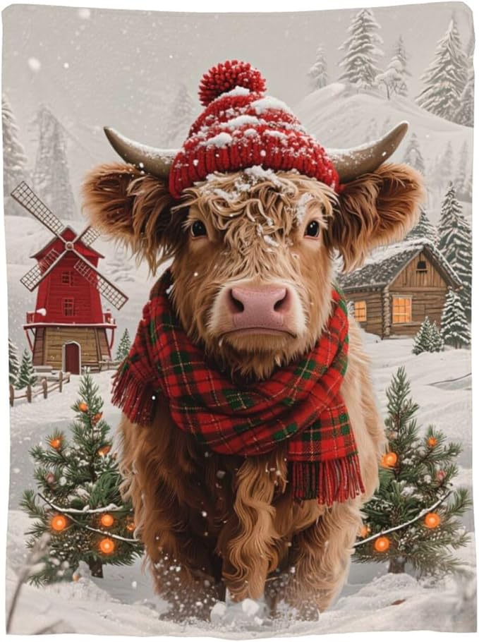 Highland Cow Blanket Christmas Cattle Throw Blanket Winter Snow Soft Cozy Fleece Fuzzy Stuffed Plush Farm Animal Flannel Gifts for Girls Women Boys Kids Adults 40''x50''