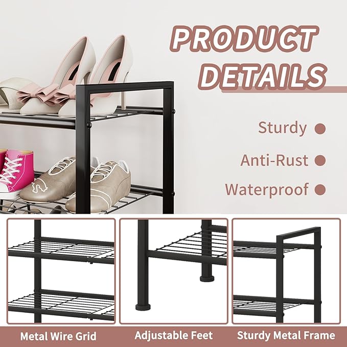 DongRong 5-Tier Shoe Rack,Metal Simple Shoe Storage Organizer Utility Shelf for Closet,Entryway, Bedroom,Small Spaces (Black, 5 Tier)