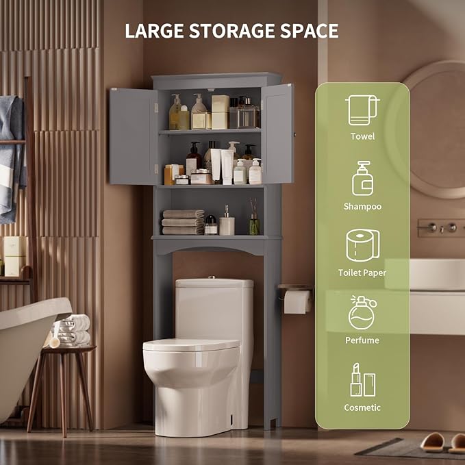 Gizoon Over The Toilet Storage Cabinet with Adjustable Shelf and Double Doors, Bathroom Space Saver Organizer Above Toilet with Open Shelf, Taller Wooden Free Standing Toilet Rack -Grey