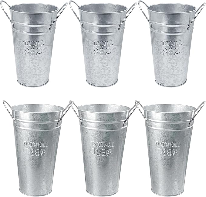 6 Packs 8 & 10 Inch Tall Galvanized Metal Flower Vases with Handles, Metal Flower Buckets for Cut Flowers, Country Wedding, Table Centerpiece Decorations(Sliver)