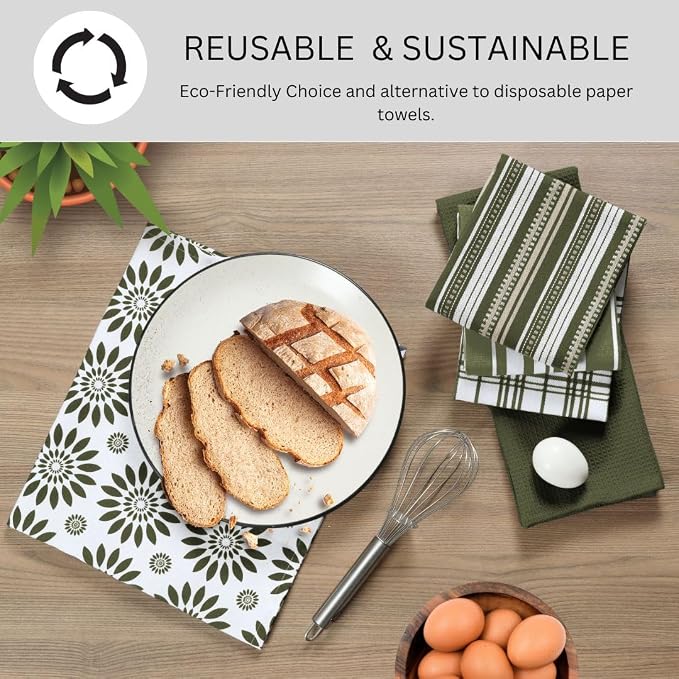 Assorted Kitchen Towels 16x26 Inch 100% Cotton Set of 5 - Dish Cloths Towels with Hanging Loop - Soft Absorbent Washable Tea Towel for Kitchen - Quick Drying Dish Towel Green