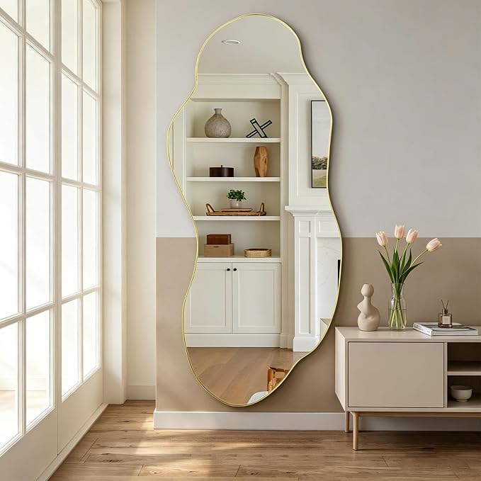 Large Irregular Wall Mirror, 63"x27.2" Asymmetrical Mirror with Gold Metal Frame, Organic Shape Mirror for Living Room Bedroom Hallway Entryway, Horizontal or Vertical Hanging