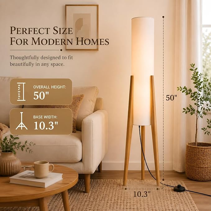 BOFEA-50 Floor Lamps for Living Room,Nordic Modern Floor Lamp,Tall Standing Boho Lamp with Fabric Shade,3 Color Art Standing Lamps,Farmhouse Wood Floor Lamp for Bedroom Office Corner