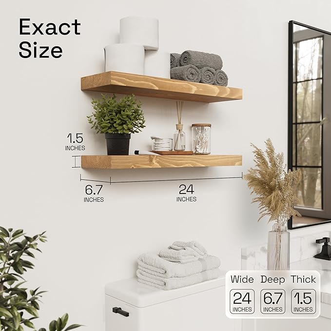 BAOBAB WORKSHOP Natural Wood Floating Shelves for Wall 24 inch - Floating Wall Shelves for Kitchen Bedroom - Wooden Bathroom Shelves - Oak Floating Shelf - 24 x 6.7 Inch, Set of 2