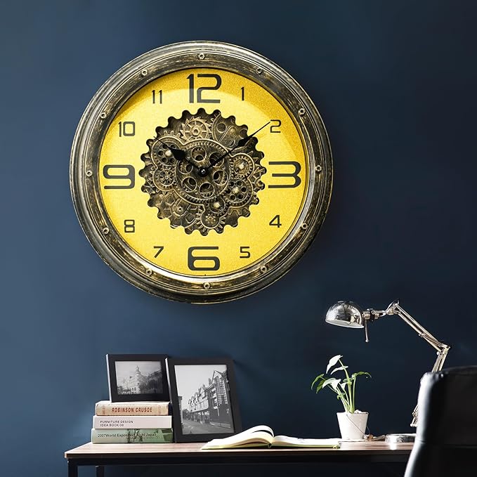 16 inch Large Gear Clock with Real Moving Gears, Steampunk Gold Wall Clock, Suitable for Living Rooms, Offices, Factories, Bedrooms, and Cabins (Gold, 16 inches)