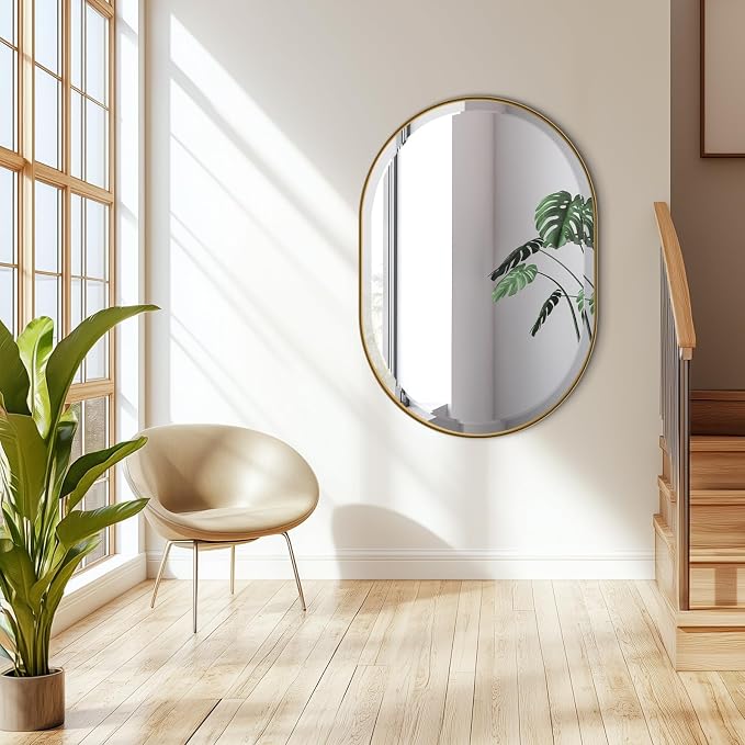 POZINO Oval Beveled Mirror, 22"x30" Brushed Gold Bathroom Vanity Mirror Over Sink, Pill Shaped Capsule Wall Mounted Mirrors for Living Room Bedroom Entryway, Hangs Vertically or Horizontally