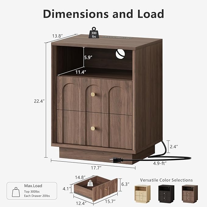 Nightstand with Charging Station, Mid Century Modern Nightstand with Arched Design, Minimalist End Table with Wood Grain Texture, Bedside Table for Bedroom Living Room Sofa Office, Walnut