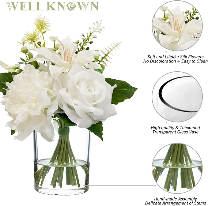 WELL KNOWN Artificial Flowers in Glass Vase with Fake Water, Silk Peony Rose Flower Bouquet for Home Dinning Tea Table, Office Desktop, Hotel, Wedding, Party, Lavatory Decor & Gift (Ivory White)