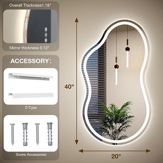 Cloud Shape Asymmetrical LED Vanity Mirror with Lights, 36"x20" Fogless Lighted Bathroom Mirror, 4mm Tempered Glass, Dimmable 3-Color & Memory Function, Wall Mounted (Horizontal/Vertical)