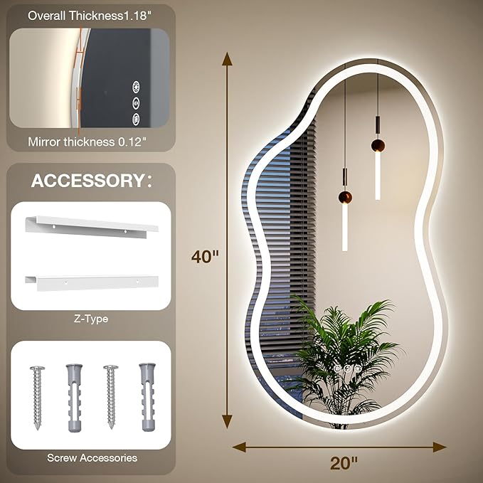 Cloud Shape Asymmetrical LED Vanity Mirror with Lights, 40"x24" Fogless Lighted Bathroom Mirror, 4mm Tempered Glass, Dimmable 3-Color & Memory Function, Wall Mounted (Horizontal/Vertical)