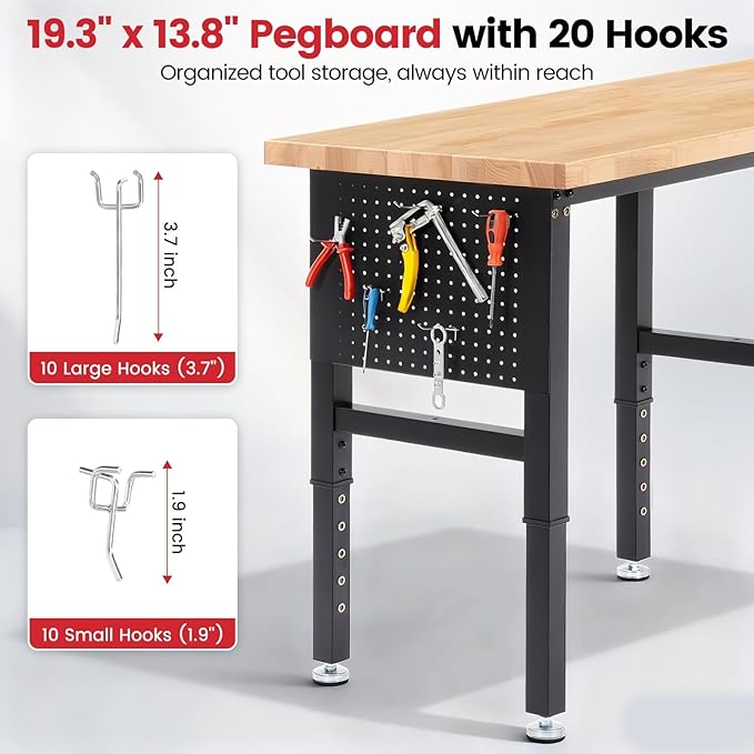 Workbench 84 Inch Heavy Duty Rubber Wood Top Work Bench Adjustable Height Work Table 5000 Lbs Load Capacity with Power Outlets & Extended Pegboard for Garage, Home, Office
