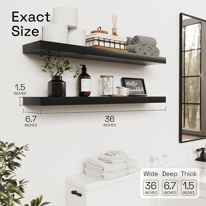 BAOBAB WORKSHOP Wood Floating Shelves for Wall 36 Inches Long - Heavy Duty Wall Shelf for Bedroom, Solid Wooden Bathroom Shelves Large 36 Inch Kitchen Farmhouse - Black Shelf, 36W × 6.7D, Set of 2