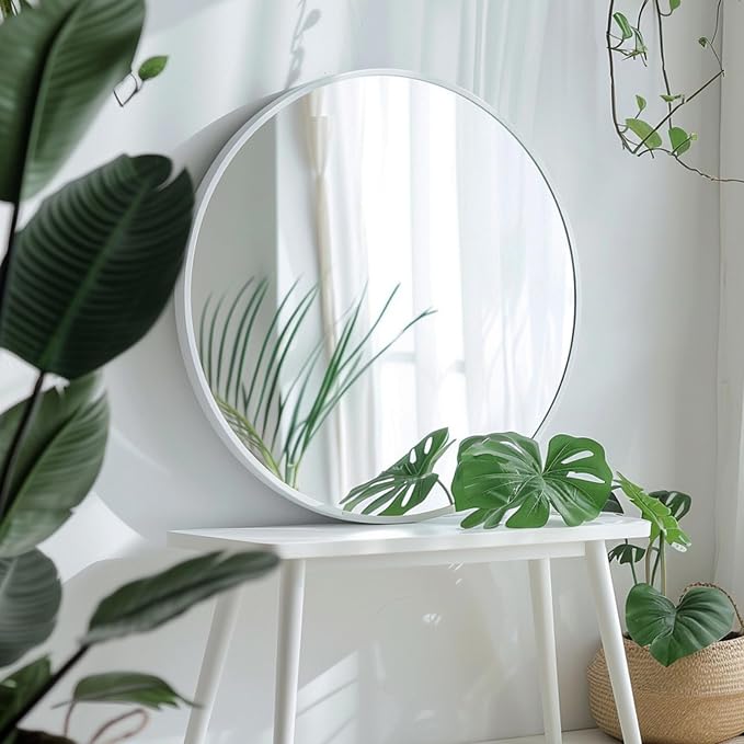 Sunniry White Round Mirror 30 inch, Large Round Mirror, Bathroom Mirror Matte Metal Frame, Circle Mirrors for Living Room, Bathroom, Wall, Hallway.