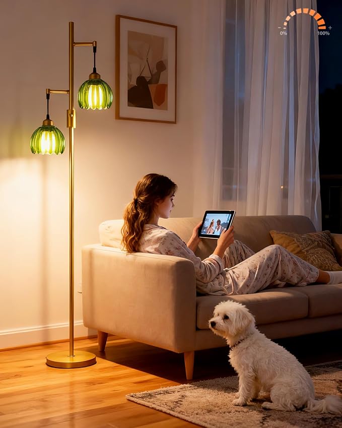 Lightdot 2-Light Glass Floor Lamp for Living Room, Dimmable Gold Floor Lamps with Green Glass Shade& Bulb Included, Modern Standing Tall Lamp with 5Lbs Heavy Base for Bedroom/Sofa Beside/Corner Decor