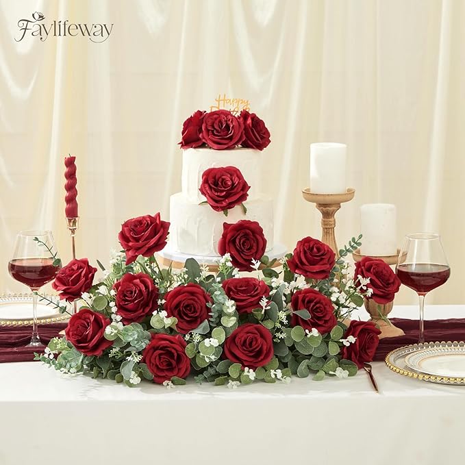 20PCS Artificial Dark Red Roses, 3.9'' Silk Flower Head Fake Red Rose with Long Stems, Realistic Faux Roses Bouquet for Mother's Day DIY Wedding Home Party Office Decoration