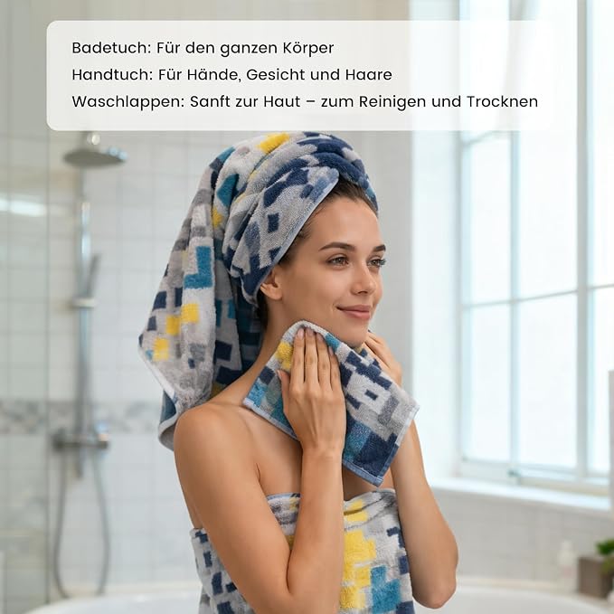 SEMAXE Bath Towel Set, 12 Piece Cotton Towel Set for Bathroom, More Towels for Family Use, Quick Dry with Hanging Loops, Easy Care, Geometric Pattern