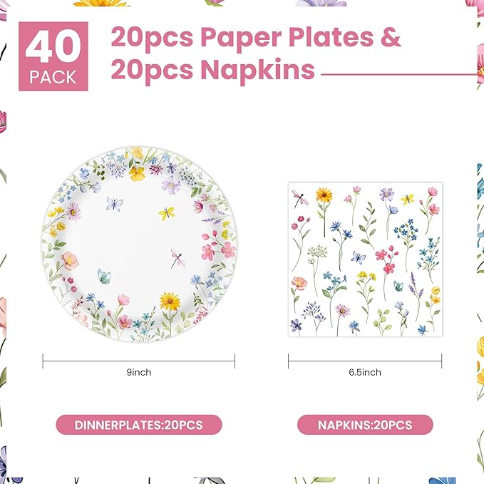 40 Pcs Wildflower Plates and Napkins Party Supplies, Spring Floral Paper Plates and Napkins Disposable Tableware Set for Picnic Wedding Birthday Baby Shower Tea Party Serve 20 (Wildflower)