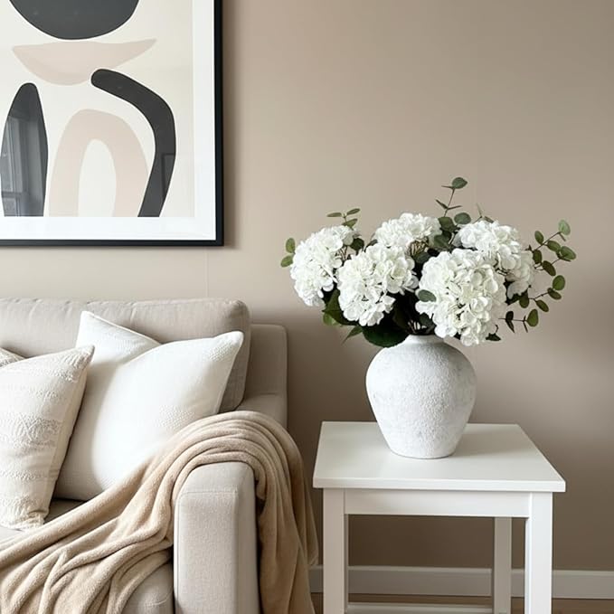 Real Touch White Faux Hydrangea And Eucalyptus Arrangement, Faux Floral Arrangements, Hyper Realistic Artificial Flowers, White Centerpieces For Kitchen Dining Coffee Table Decor, 5 Heads + Greenery