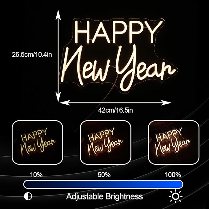 Happy New Year Neon Sign Warm White Happy New Year Neon Light Powered by USB for Wall Decor LED New Year Neon Light Sign for Living Room New Year Christmas Party Business Decor