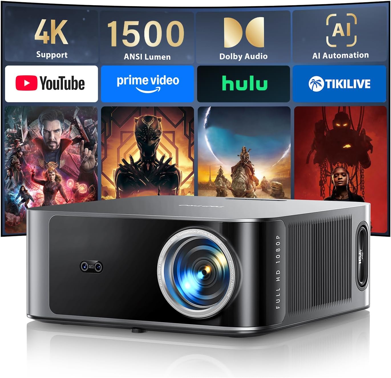 TOPTRO X9 Smart Projector - 4K Dolby Audio with WiFi 6 & 2-Way Bluetooth | Native 1080P, HDR10, AI Auto Focus