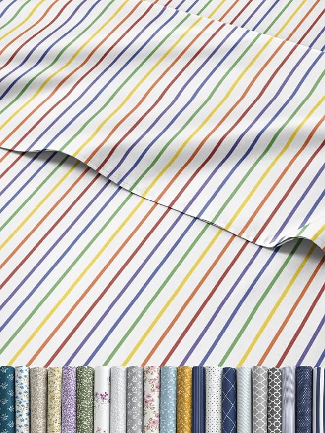 Rainbow Striped Sheet Set - Colorful Striped Bed Set - 1 Flat & 1 Fitted Sheet & 1 Pillowcase w/ Deep Pockets - Wrinkle & Fade Resistant - Soft, Breathable and Cooling - Rainbow Bedding - Twin Size