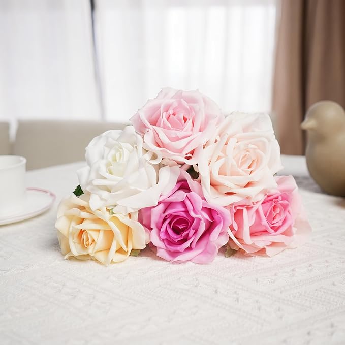 6 Pcs Silk Real Touch Latex Roses, Artificial Single Stem Big Bloom Faux Roses for Home Party Office Wedding Indoor Decor, Floral Arrangements, Table Centerpieces