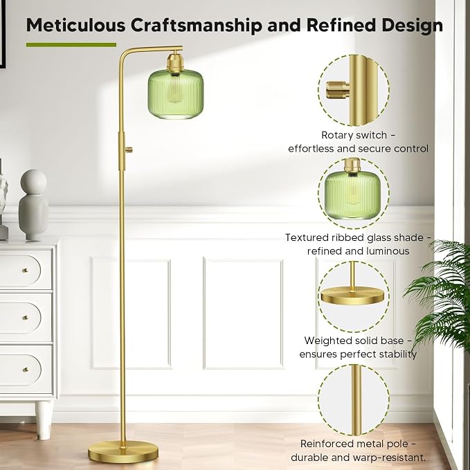 Glass Floor Lamp for Living Room, Modern Standing Lamp with Green Ribbed Glass Lampshade&Brushed Gold, Stepless Dimmable Rotary Switch, 66” Tall Lamp & Gold Floor Lamp for Bedroom Study Room