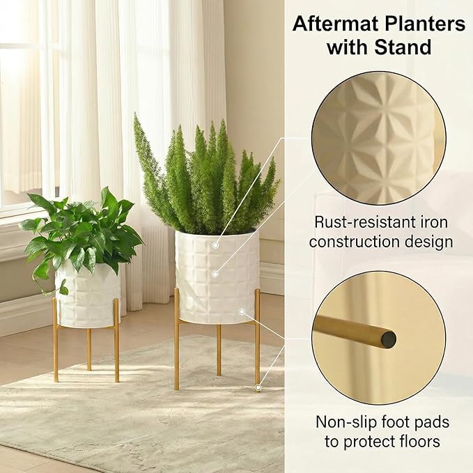 Modern Planter Pots, Set of 2 White Planters with Stand, Decorative Planters, Metal Pots with Drainage Holes for Living Room, Office, Garden