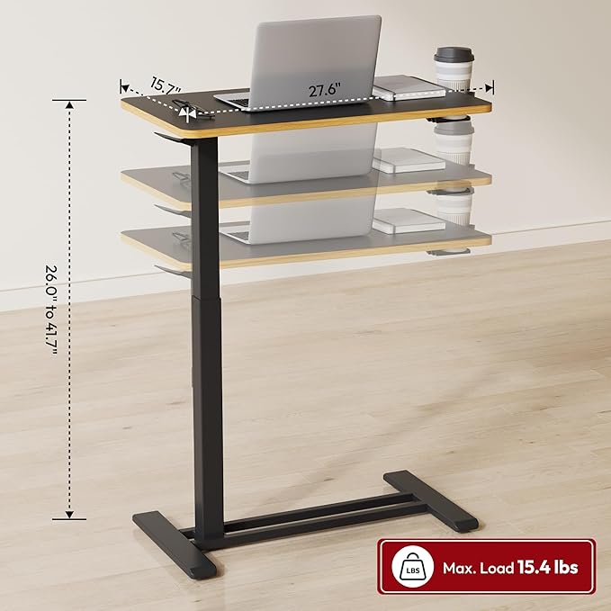 SANODESK Mobile Standing Desk with Hidden Wheels,Pneumatic Laptop Desk Rolling Computer Cart Movable Height Adjustable Small Sit Stand Desk for Home Office(27.6" W x 15.7" D, Black+Maple Band)