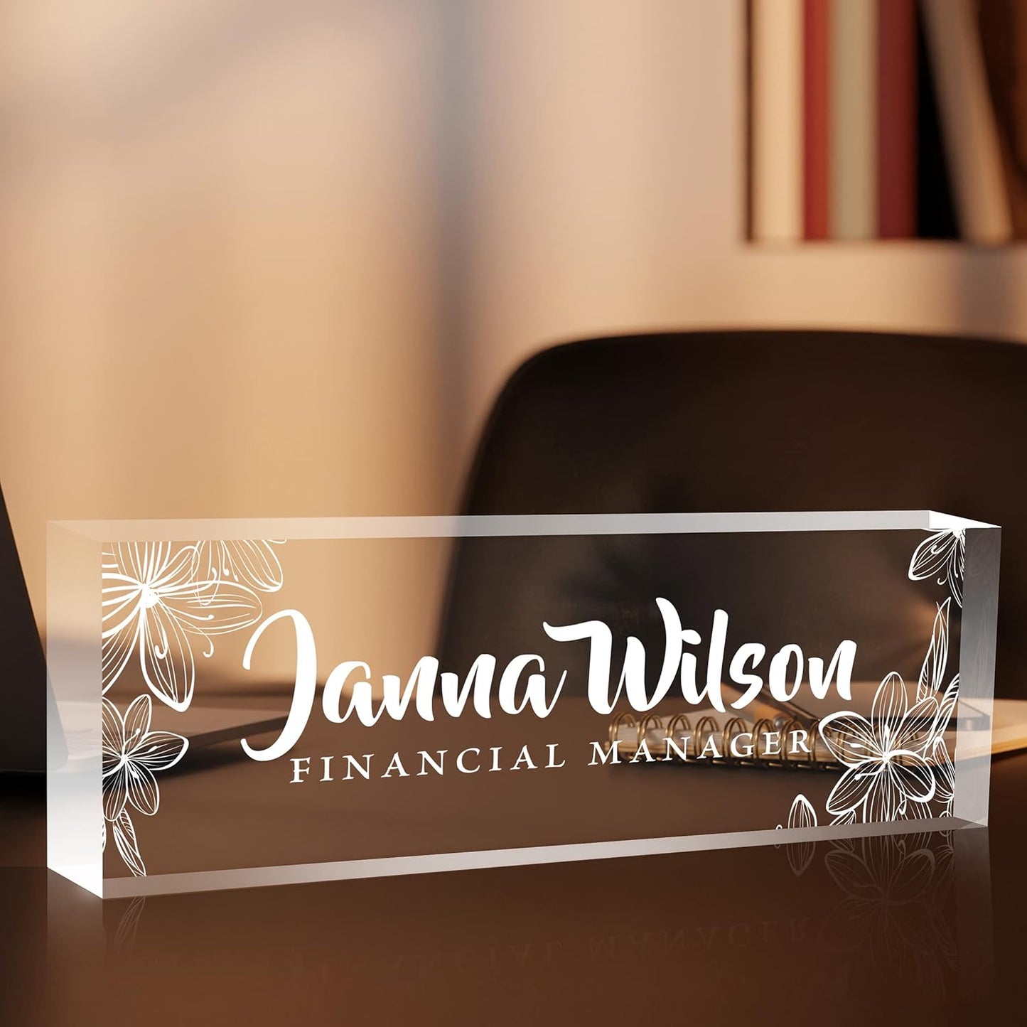 Skiennix Personalized Desk Name Plate - Custom Acrylic Glass Office Decor | Engraved Flower Design