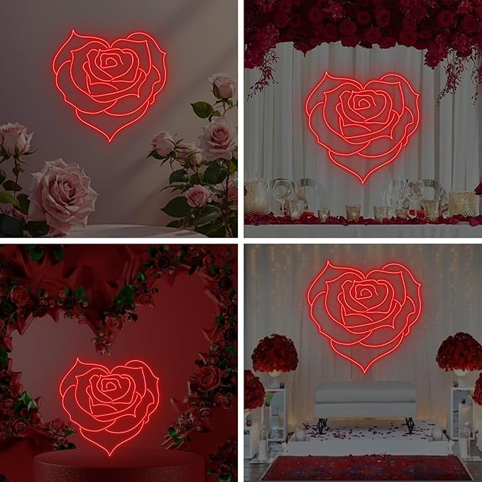 Heart Rose Neon Sign, Heart Rose Led Sign, Wedding Wall Decor, Valentine'S Day Decorations Gifts for Lover,Bedroom Bar Living Room Party, Wedding Anniversaries Party, Marriage Proposal
