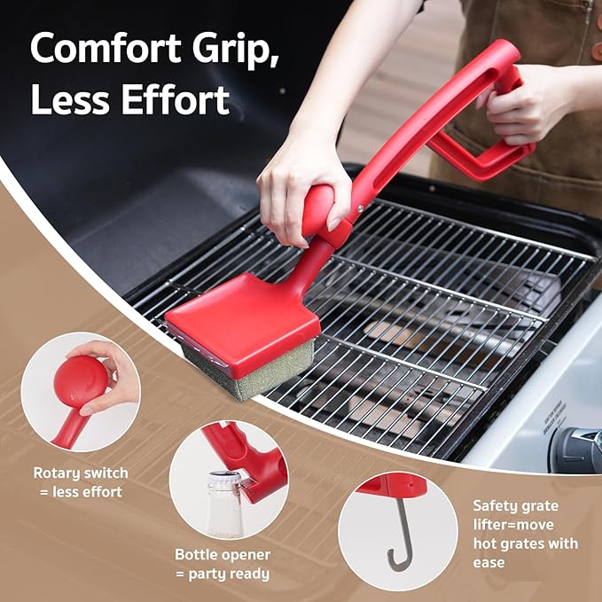 GASPRO Steam Grill Brush Bristle Free for Outdoor Grill, BBQ Grill Cleaning Brush with Replaceable Scrub Sponge Head & Scraper, Ergonomic Handle, Safe for Stainless Steel, Cast Iron & Porcelain Grate