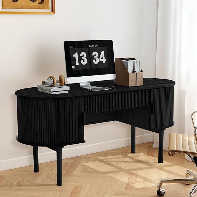 Executive Office Desk with Storage, 63 Inch Large Computer Workstation Desk with Drawer and File Cabinets, Mid Century Modern Fluted Wood Writing Desk for Home Office, Study Room, Living Room, Black