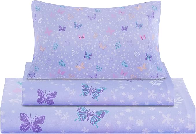 Viviland 3 Pieces Girls Light Purple Twin Sheet Set - Soft Microfiber Fitted Flat Sheets & Pillowcase - Butterfly Floral Printed Bedding Sets - for Kids & Toddlers
