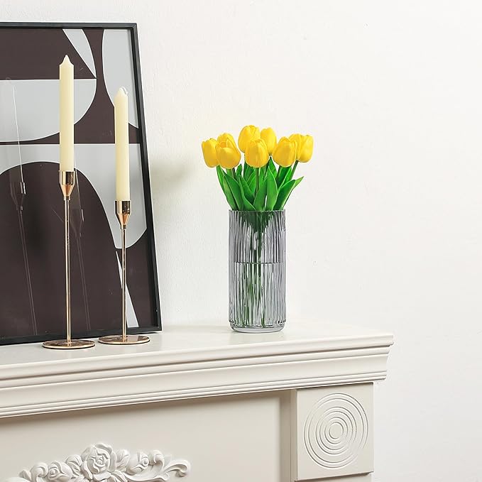 Ribbed Glass Vase, Flower Vases for Bouquet, Black Glass Vases for Flowers, Modern Ribbed Vase for Living Room, Bathroom, Dining Table, Office, Wedding, Centerpieces, 8 Inches