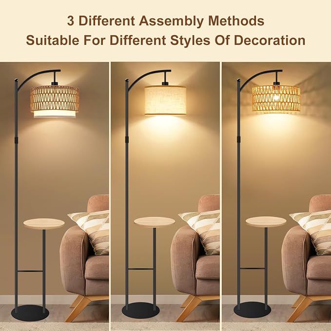 Arc Floor Lamp with Table and Shelves Dimmable Standing Lamp with Rattan and Fabric Shade, Boho Farmhouse Floor Lamp for Living Room with Remote, Wicker Tall Lamp with 3 Color Temperatures