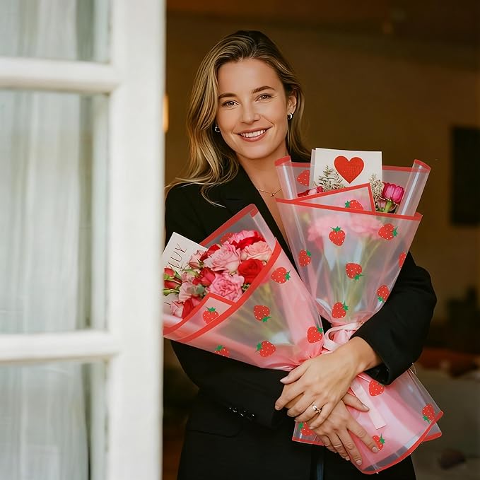 WRAPAHOLIC 20 Sheets Flower Wrapping Paper - 22.4 x 22.4 inch Red Strawberry Water-Resistant Floral Bouquet Wrapping Paper, Florist Supplies Packaging for Graduation Ceremony Gift DIY