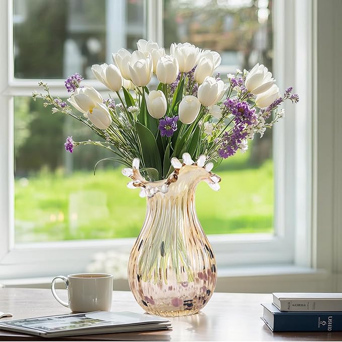 DOVDOV Hand Blown Amber Glass Art Deco Vase, Unique Wide Mouth Table Centerpiece, Perfect for Home Decor, Wedding, Engagement, or Housewarming