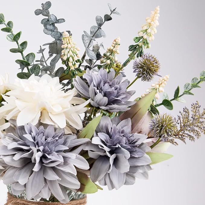 Silk Flowers in Vase, Artificial Flowers with Vase Fake Flowers Arrangement Faux Dahlia for Decoration Table Centerpiece (Dahlia)